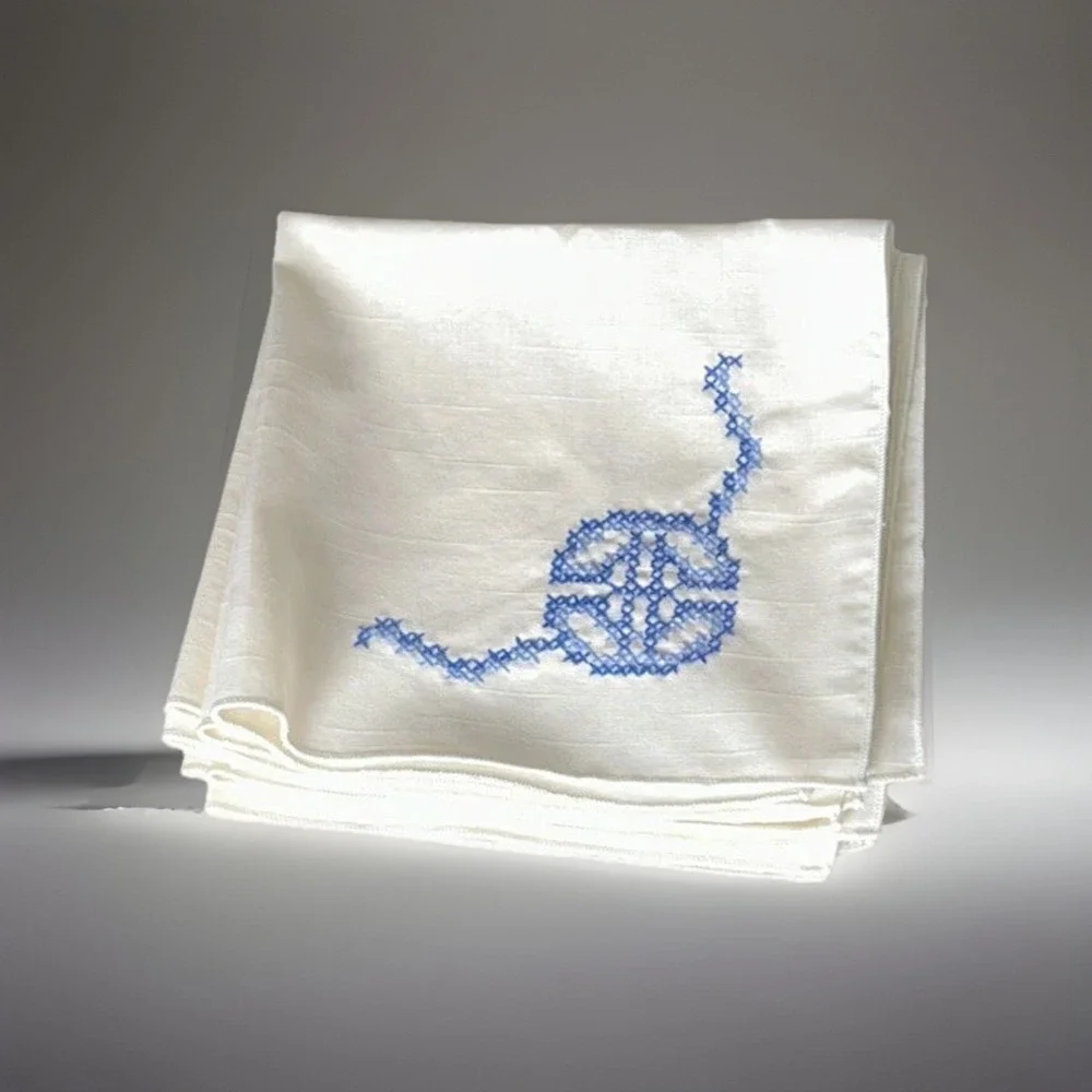 Vintage Hand Embroidered Linen Napkins Set 8 Blue Monogram Cross Stitch USA
